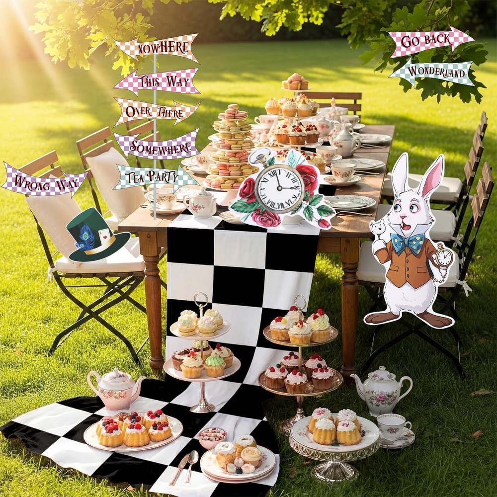12 Pcs Wonderland Party Decorations, 118″ Black and White Checkered Runner Ca…