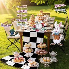 12 Pcs Wonderland Party Decorations, 118″ Black and White Checkered Runner Ca…