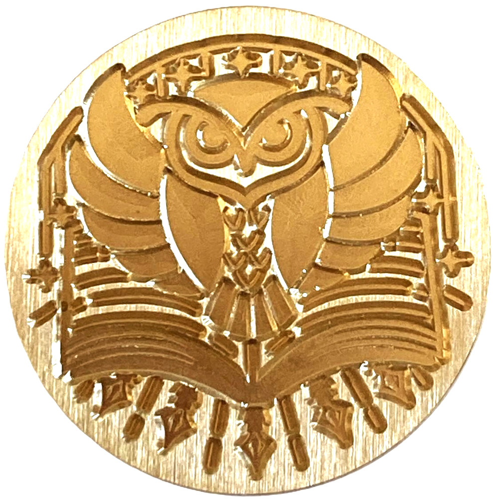 Owl Sitting on Open Book – unique Stylized design, 1″ dia. Wax Seal Stamp head