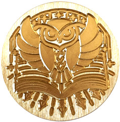 Owl Sitting on Open Book – unique Stylized design, 1″ dia. Wax Seal Stamp head
