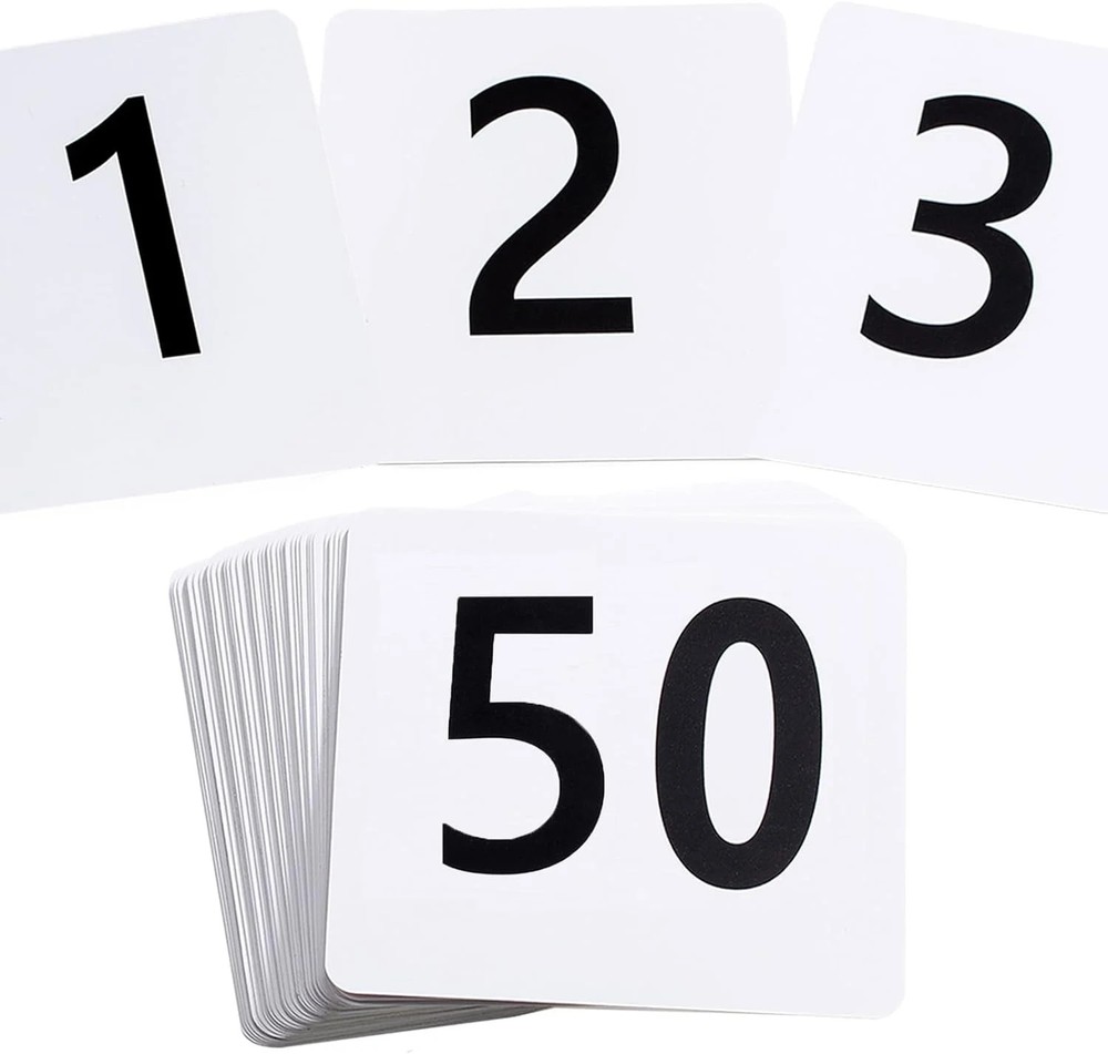 50 Pcs Double-Sided Table Numbers 1-50, 3.7×4 Inch Plastic Cards, White
