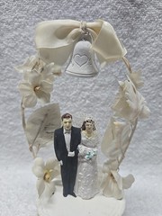 Vintage 1960’s Wedding Cake Topper Bride Groom Plastic Bell, Flower, Arch