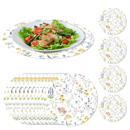 30 Pcs Spring Floral Disposable Placemats, Round Paper Placemats for Table