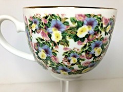 Floral Bone China Teacup Wine Glass Gold Trim Roses Petunia PAIR Wedding Shabby