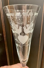 Forever Dove/ Hearts Etched Champagne Flutes Pair with Matching Bell Ornament