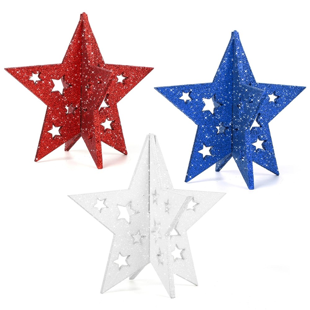 6 Inch Labor Day Decorations Wooden Stars Set 3D Patriotic Table Signs Decor
