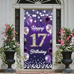 Happy 17th Birthday Backdrop Banner Purple Theme Background with Shiny Diamon…