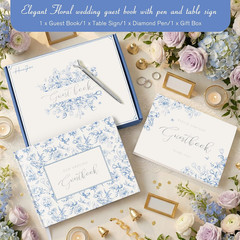 Blue Floral Wedding Guest Book Hardcover with Pen – 9X7 Inch 144 Pages Sign in B