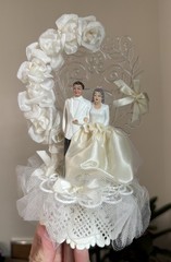 VTG Wedding Cake Topper Plastic Lace Made USA Clear Floral Back 8.5”