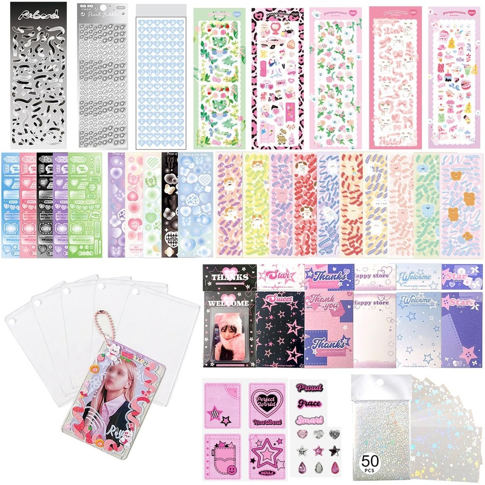 6 Kpop Photocard Holder Keychain Toploaders,6 Wrapped Gift Sets，50 Hologr