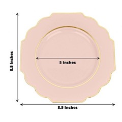 10 BLUSH 8″ Baroque PLASTIC DESSERT PLATES with Gold Rim Party Event Decorations