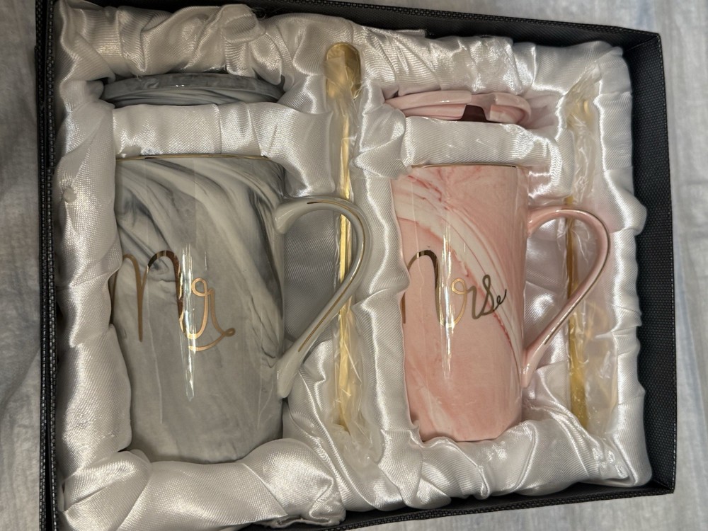 Mr& Mrs Ceramic Cup Set Marble design in Grey & Pink 3″ Tall Wedding/Anniversary