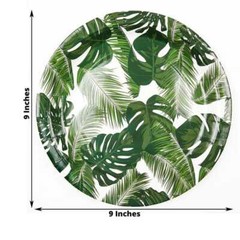 25 WHITE 9″ Round Paper Plates with TROPICAL Leaves Design Disposable Tableware