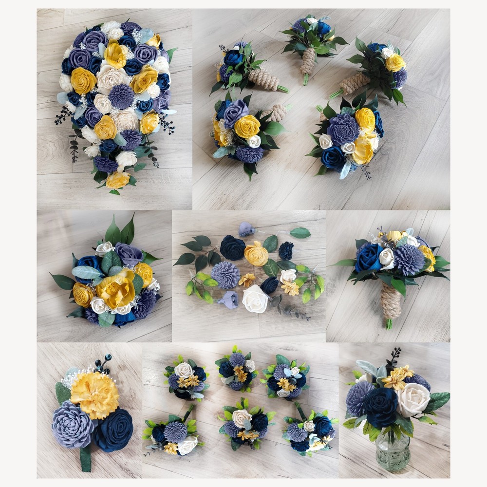 Blue Gold Bridal Bouquet Cascade Sola Wood Denim Navy Blue Wedding Decor Flowers