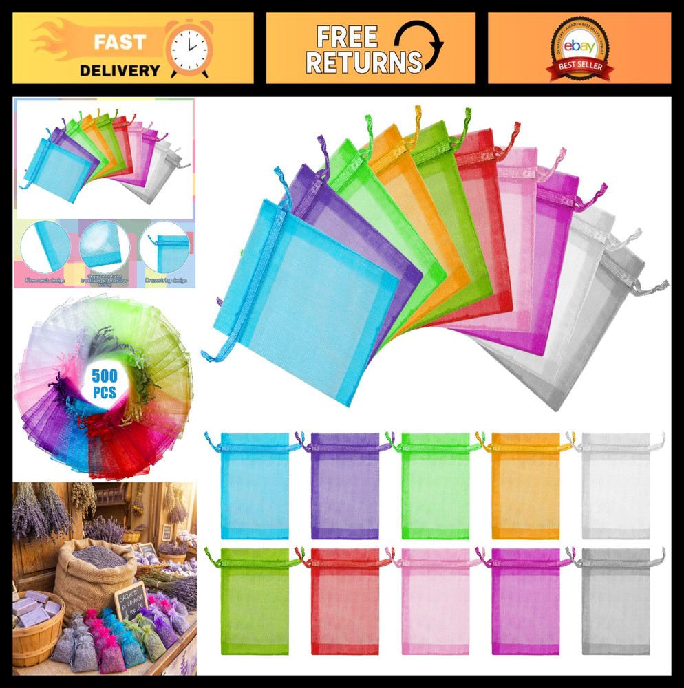 500 PCS Sheer Organza Drawstring Bags – 3×4″ Colorful Favor Pouches for Gifts, J