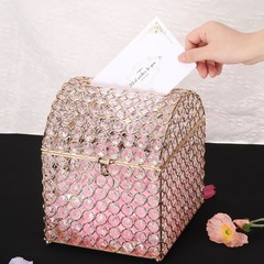 Crystal Card Box with Heart Lock, 7.5″ x 8.3″ x 9.1″ Wedding Card Box Gold