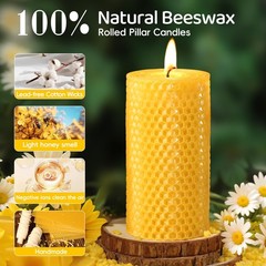 Makalone 3 Pack Natural Beeswax Pillar Candles2.8X6In Handmade Beeswax Rolled