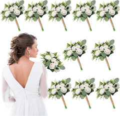10 Pack White Artificial Bridesmaid Bouquets, 7 Inch, Vintage, Rustic, Boho Styl