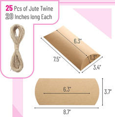 Kraft Pillow Boxes, 6.3X3.4X1.3 In, 25 Pack with Jute Twines, Kraft Gift Boxes,