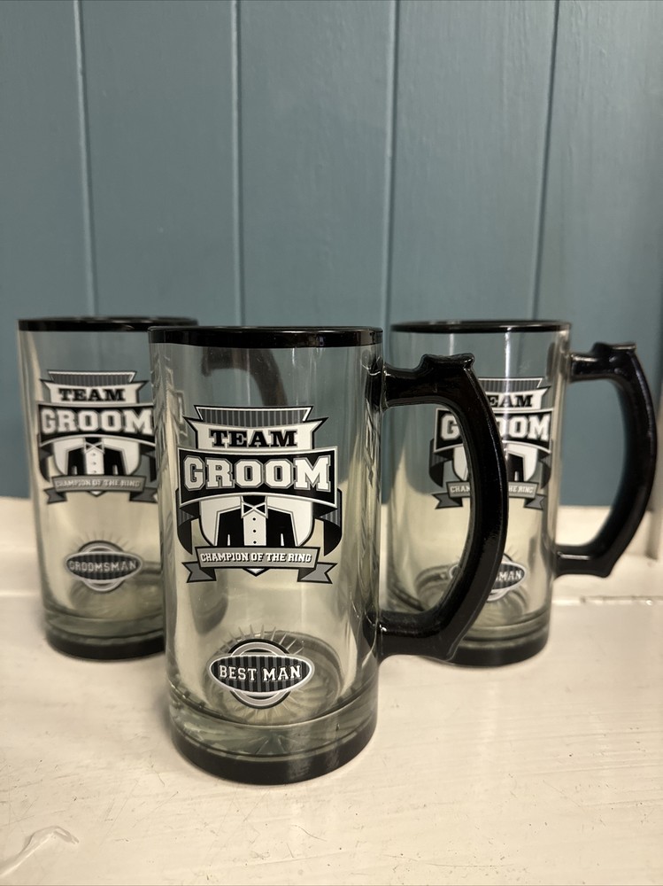 3 pc Team Groom handled clear glass tankard set Best Man Groomsman Beer mugs