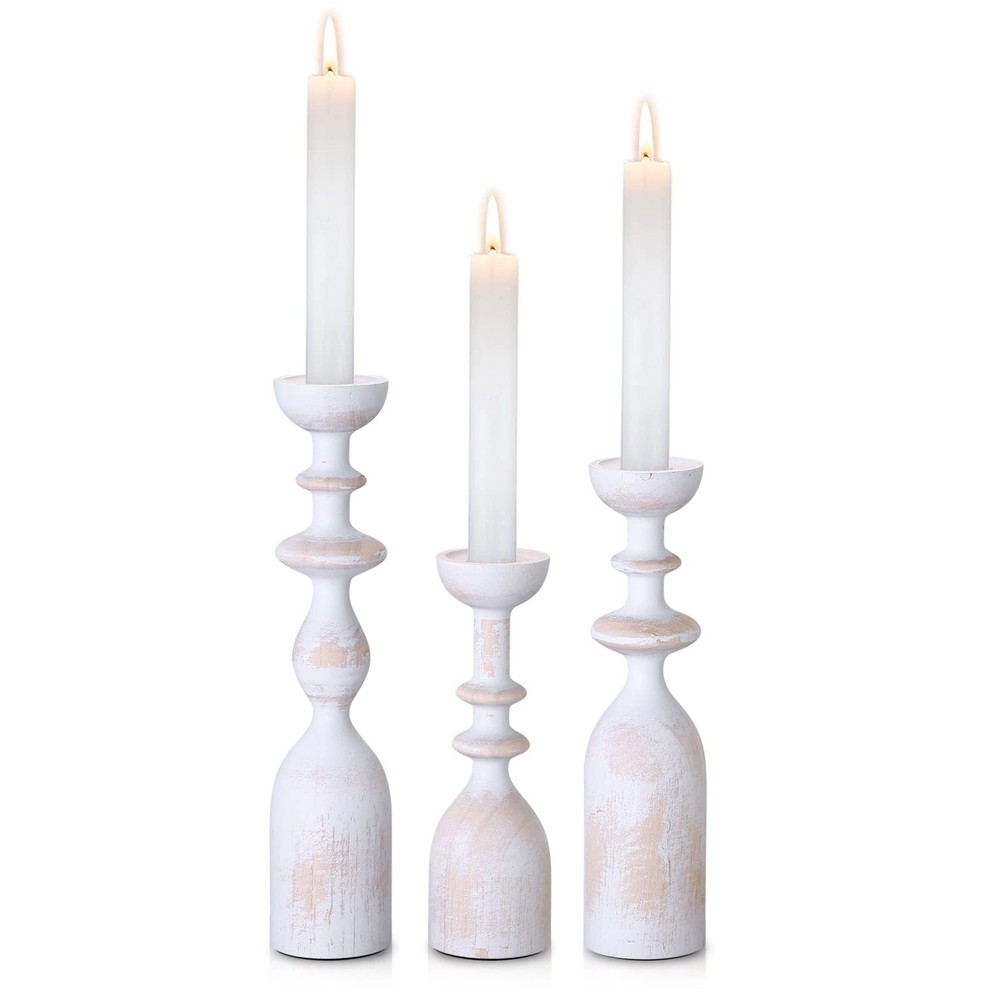 HOWSILAY Wood Candle Holder Candlestick Holders for Table Medium, White