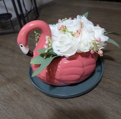 Wedding Centerpiece, Flamingo Table Decor with Bouquet of White Mini Roses