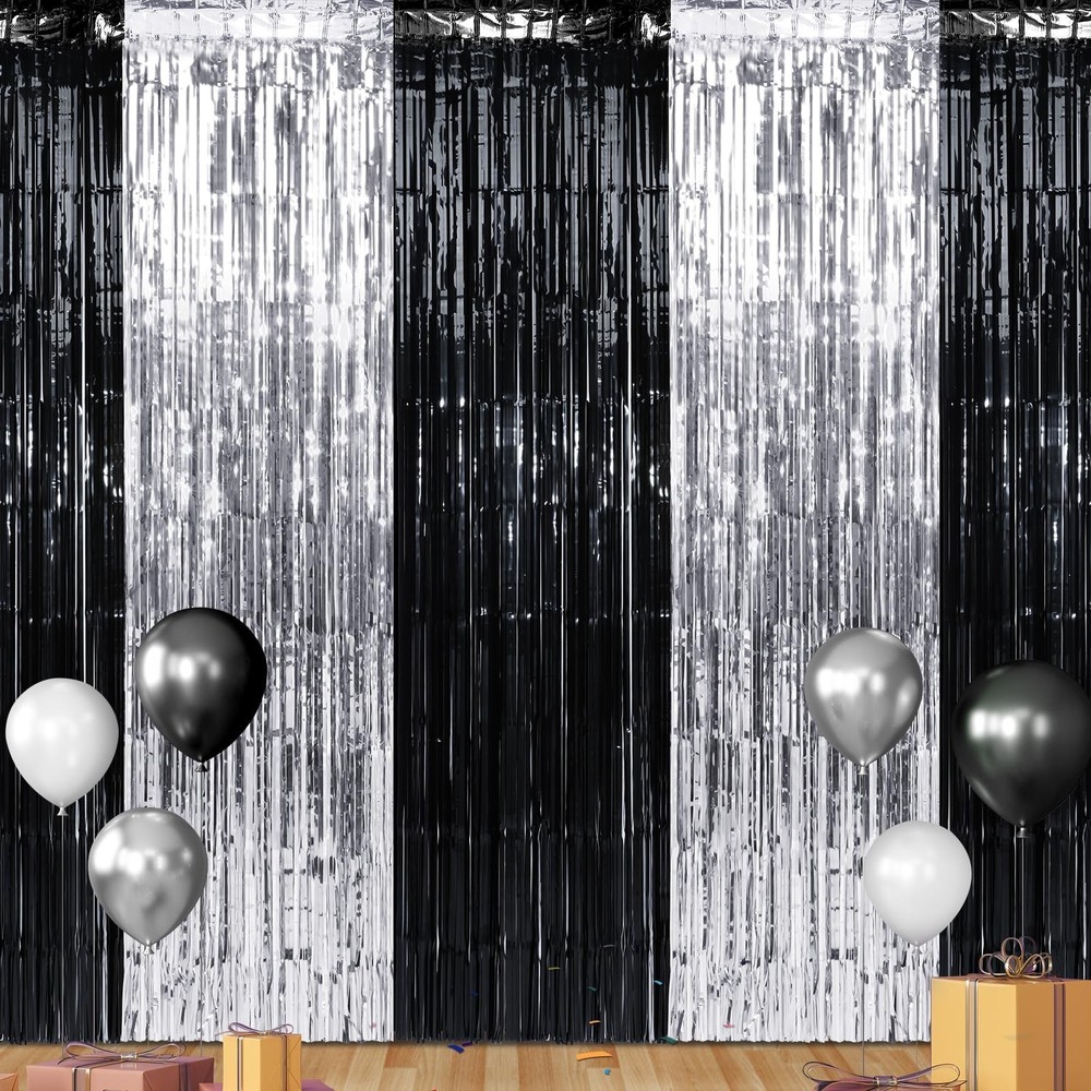 6 Pack 3.3Ft x 6.6Ft Graduation Foil Fringe Curtain Backdrop Decorations, Bla…