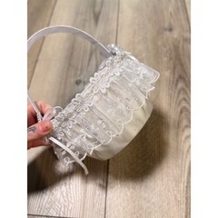 Vintage White Satin Lace Flower Girl Basket Faux Pearl Rhinestone Bow Wedding