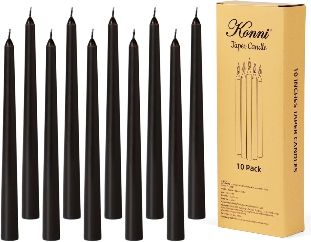 KONNI 0.87×10 Inch Black Taper Candles, Unscented and Smokeless Tall