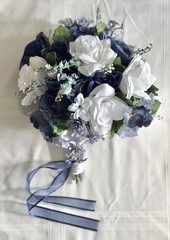 Navy & White Silk Flower Bouquet For Bride / Wedding