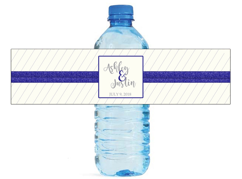 Blue Glitter & Pin Stripes Wedding Birthday Anniversary Water Bottle Labels