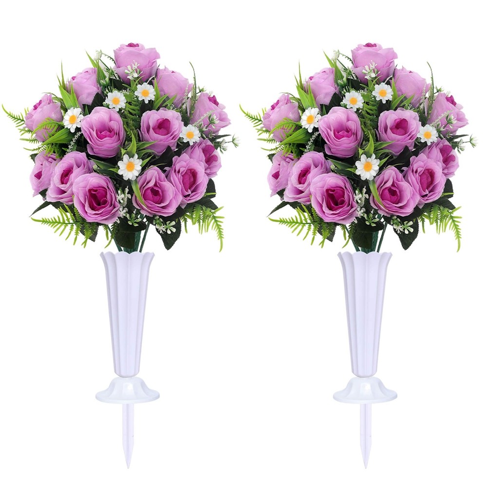 IDMOP Artificial Cemetery Flowers Set 2PCS Memorial Grave 2 Bouquets, Purple