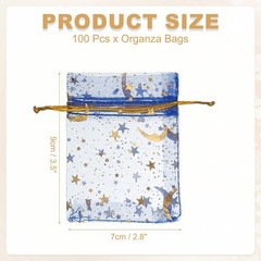 Organza Bags, 100 Pcs 2.8 x 3.5 Inch Moon Star Mesh Pouch, Sapphire Blue Gold