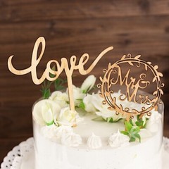 2 Natural Wooden Love and Mr & Mrs Wedding CAKE TOPPERS Party Events Decorations