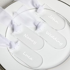 24 PCS Acrylic Place Cards Wedding Clear White Ribbon 3.54×1.77 Inch Tags