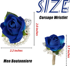 2Pcs Blue Corsage and Boutonniere Set,Corsage Wristlet for Prom Decor,Boutonnier
