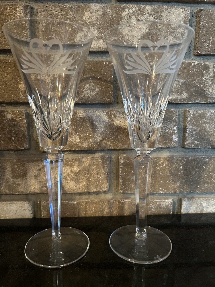 Waterford Crystal Swan Heart Wedding Toasting Champagne Flutes Set of 2