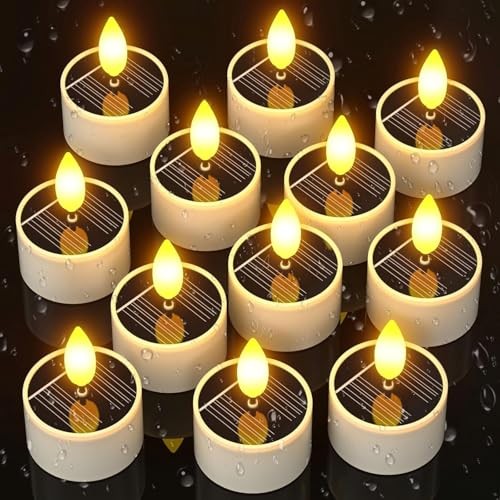 Solar Tea Lights Outdoor Waterproof, 12 pcs 1.5″ D x 2.1″ Reusable Dusk to