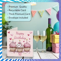 Stuff4 91st Birthday Cards for Women Men – Pink Cupcakes – Happy Birthday Car…
