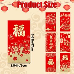 36pcs Chinese New Year Red Envelopes, 6 Style Gold Foil Fu 17x9cm, red, gold