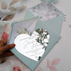 Silver Mirror Acrylic Customized Wedding Invitation with Pale Blue Lace Envelope