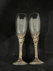2 Silverplated Love Birds Champagne Flutes Glasses International Silver co vtg