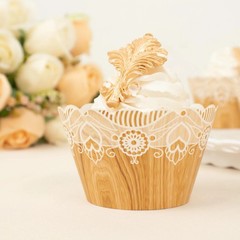 25 NATURAL WHITE Cupcake Liners Muffin WRAPPERS Wood Lace Printed Design Party