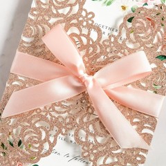 25PK Rose Gold Glitter Laser Cut Wedding Invitations – Perfect for All Occasions