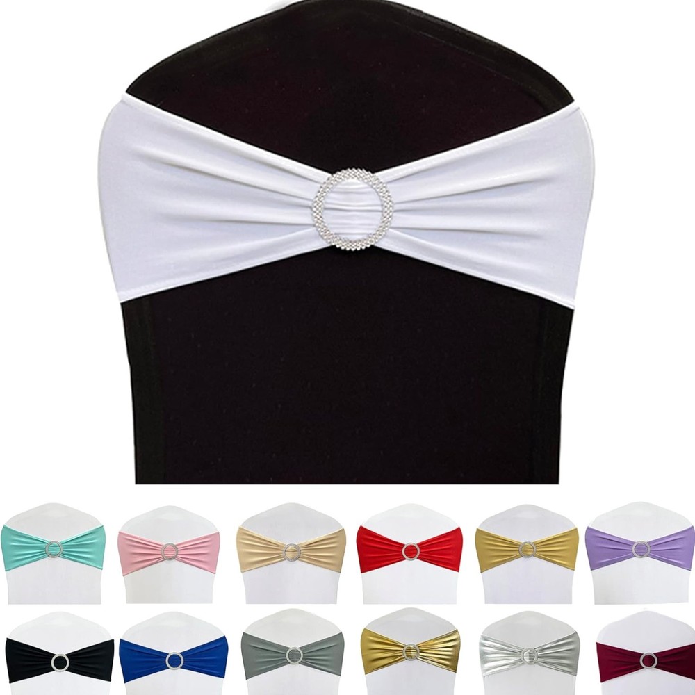 Spandex Chair Sashes Bands, White, 50PCS | Stretch Chair Ties Bows, With Buck…