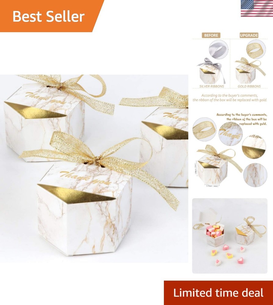 Exquisite 50pcs Marble Favor Boxes for Weddings & Events with Gold Ribbons
