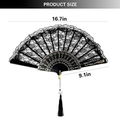 2Pcs Lace Folding Fan Handheld Bamboo Hand Fans with White Lotus black, white