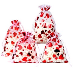25pcs Organza Gift Bags Red Love Heart Drawstring Pouches Wedding Valentine