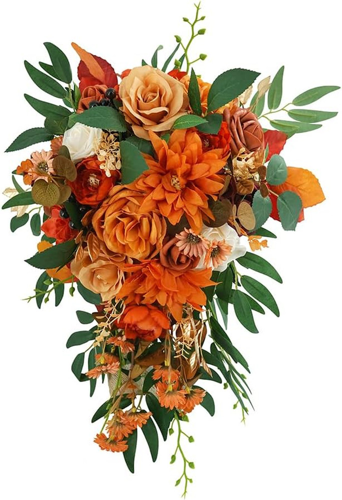 11″ Burnt Orange Wedding Bouquets for Bride Rustic Boho Cascading Bridal Bouquet