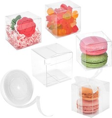 100 Pack 2x2x2 Inches Clear Favor Boxes with Ribbons, Mini Transparent Cube T…